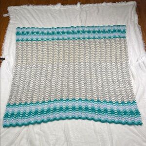 Handmade Crochet Blanket with Blue and Gray Waves